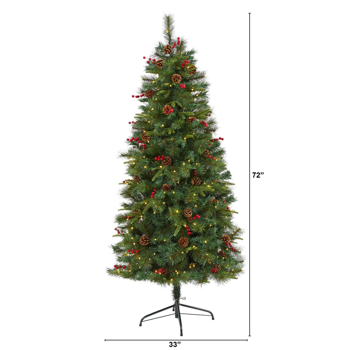 a tall christmas tree with lights and ornaments
