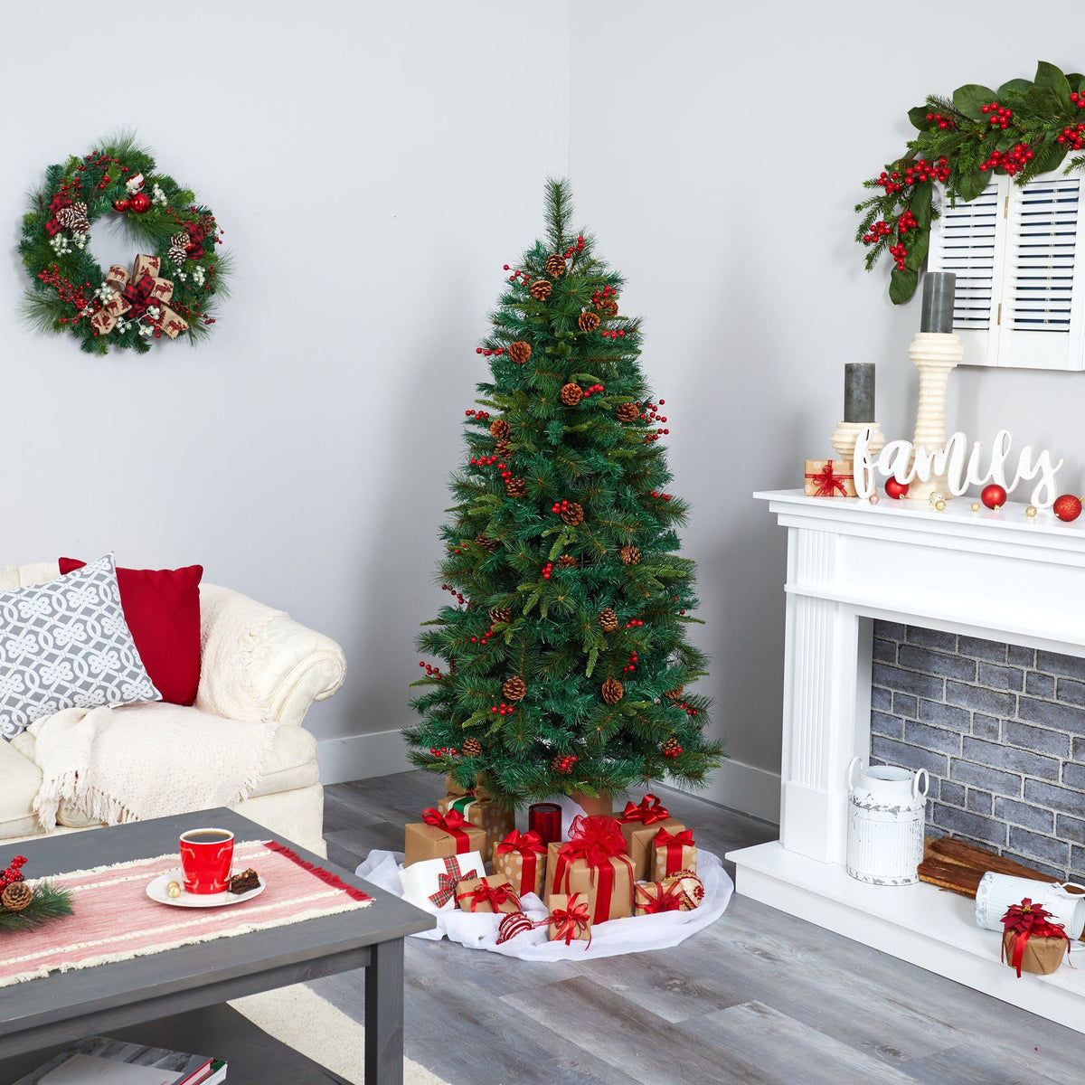 a christmas tree in a room