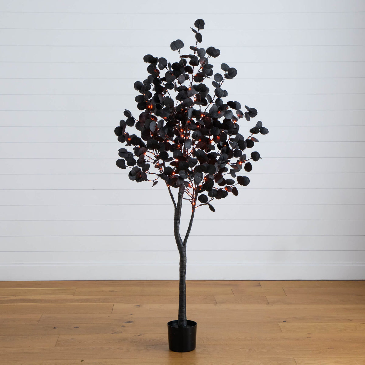 a tree with lights in a pot