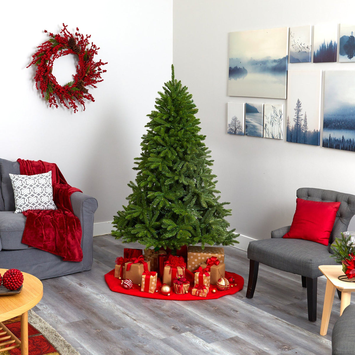 a christmas tree in a room