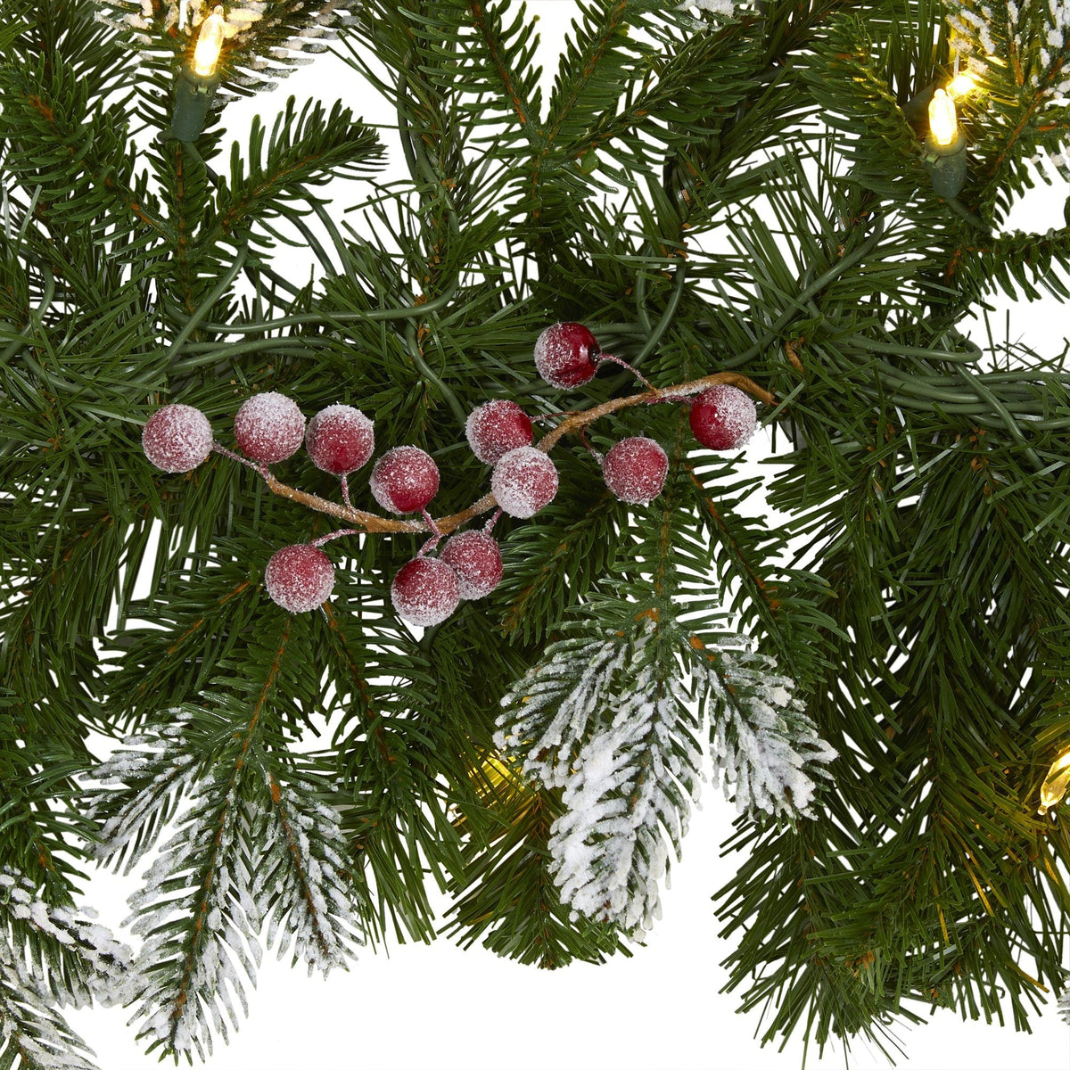 a close up of a branch with berries and lights