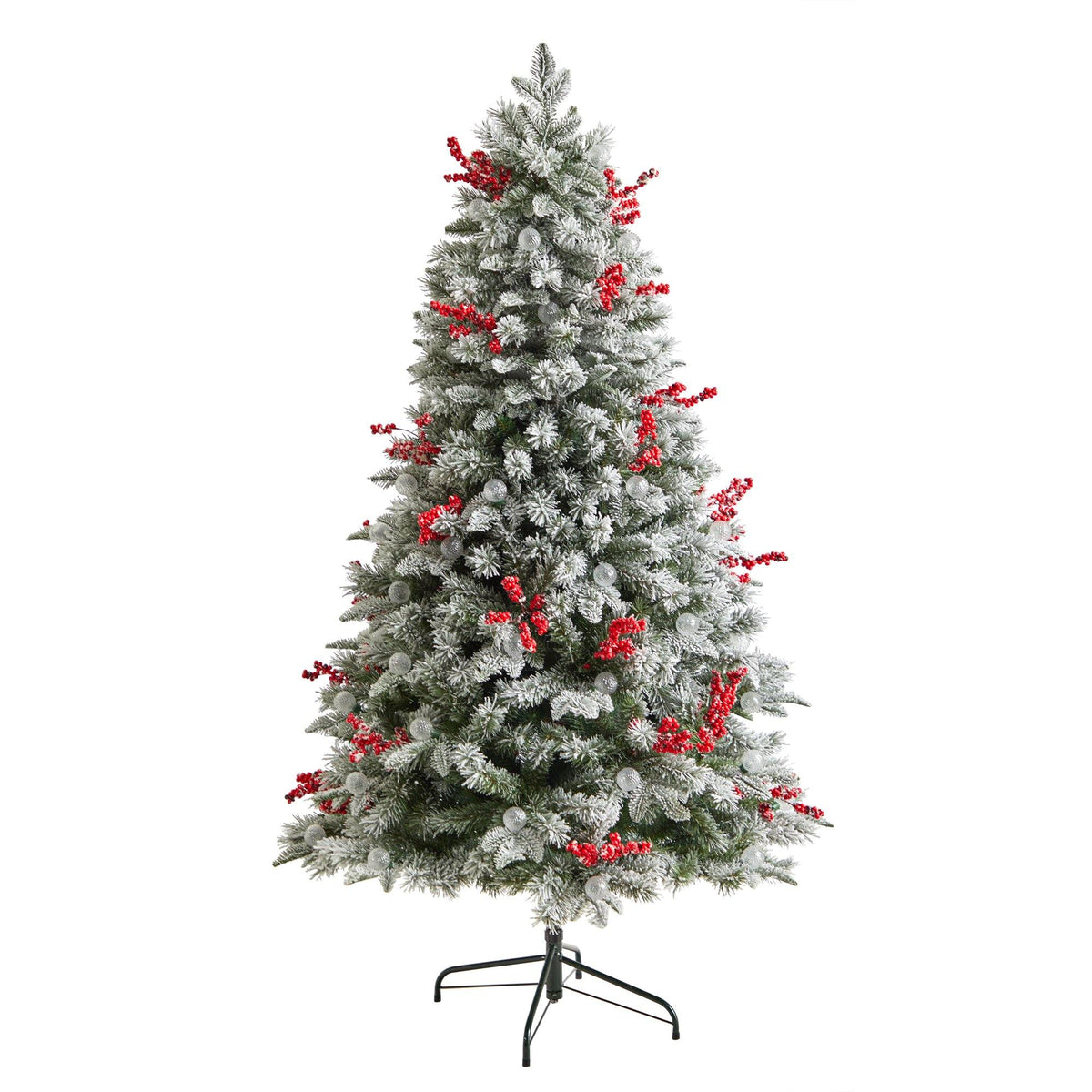 a christmas tree with snow and red berries