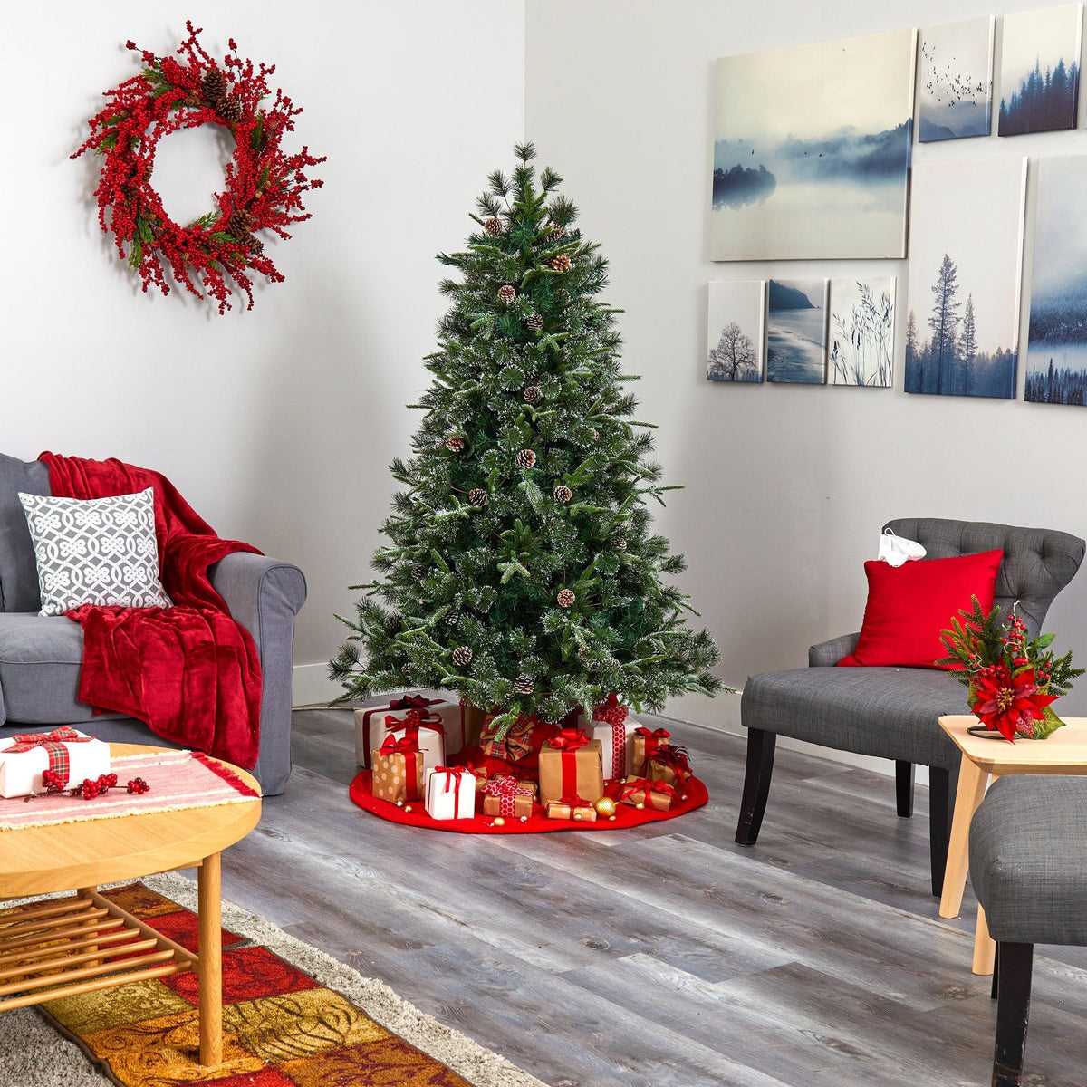 a christmas tree in a room
