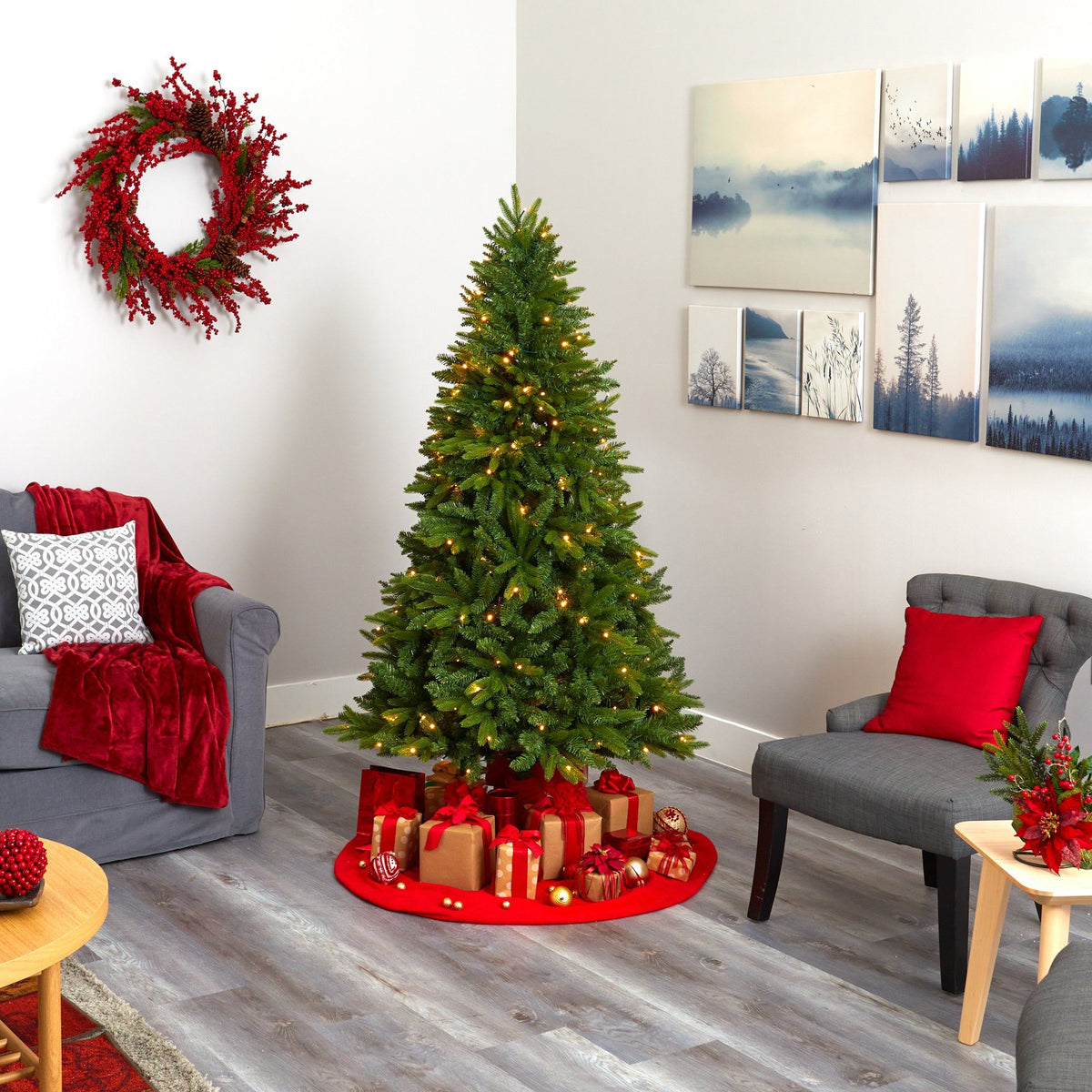 a christmas tree in a room