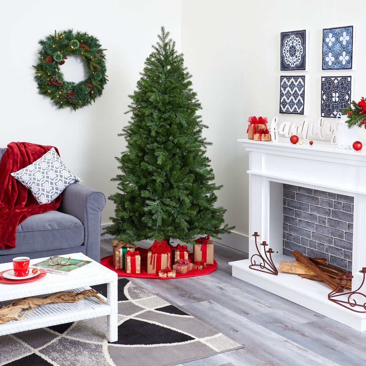 a christmas tree in a room