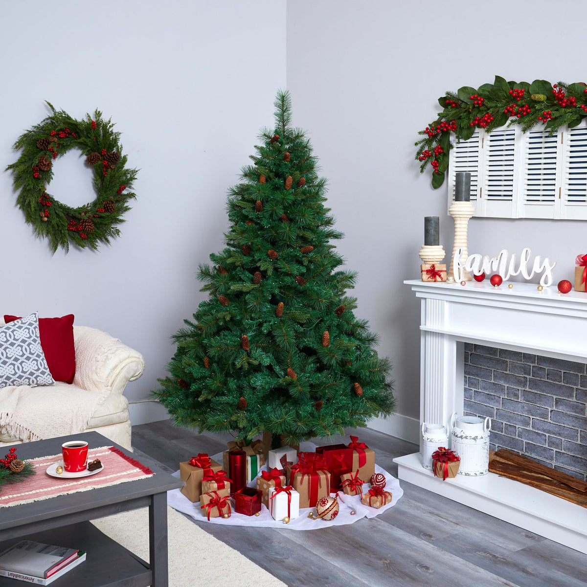 a christmas tree in a room
