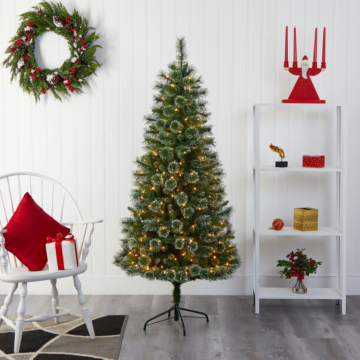 a christmas tree in a room