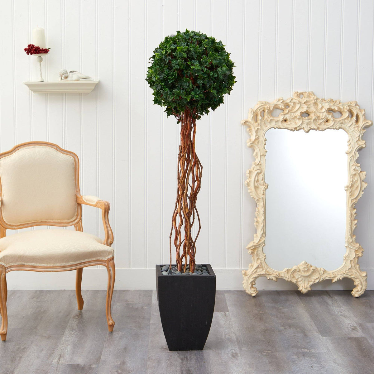 a chair next to a plant
