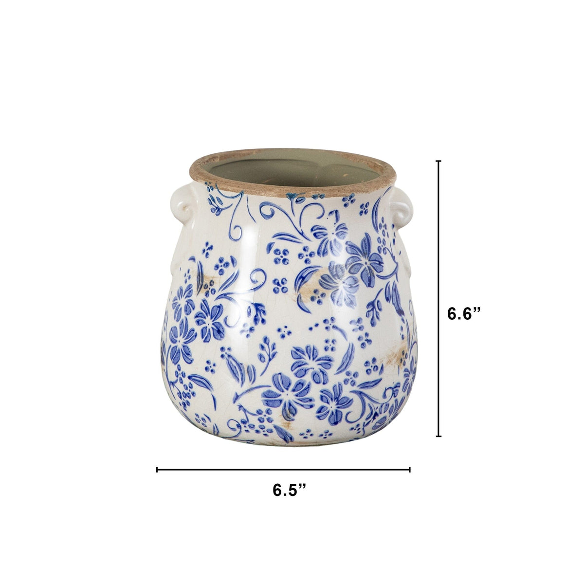 a small blue and white vase with a size of the size of it