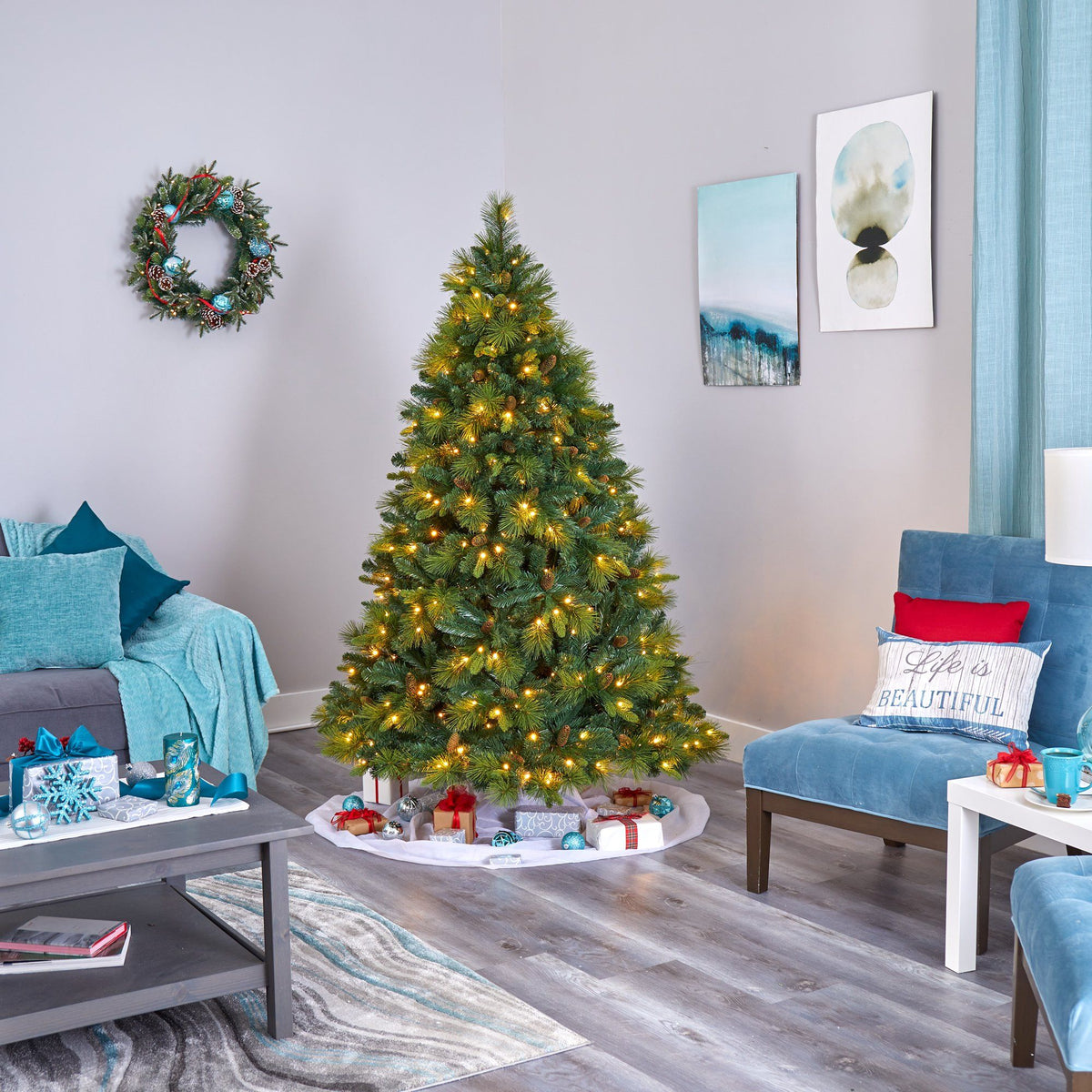 a christmas tree in a room