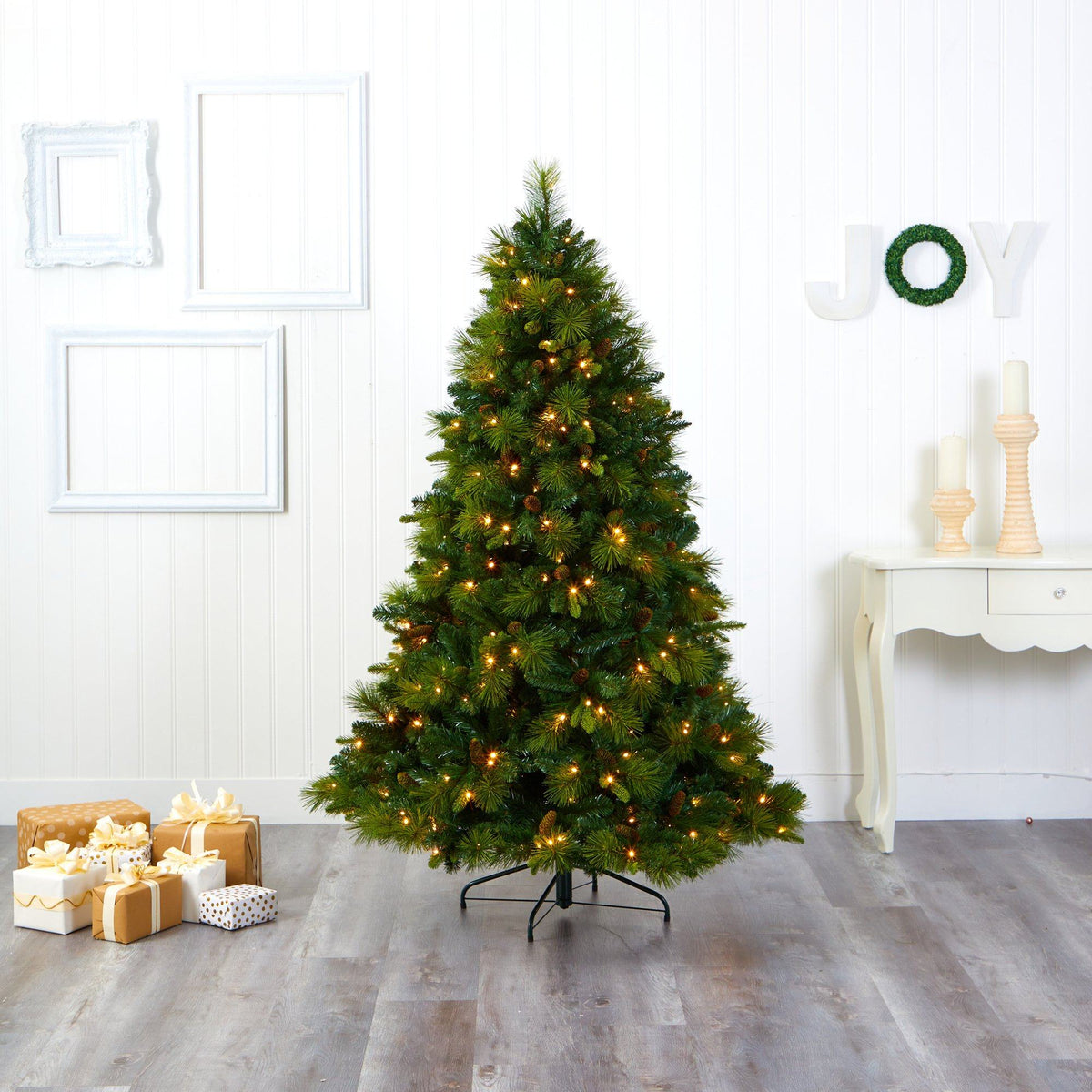 a christmas tree in a room