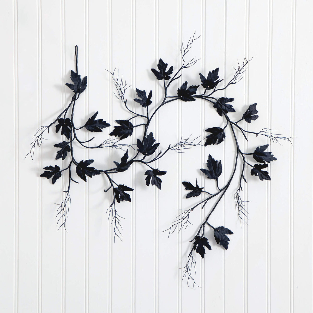 a black leafy branch on a white wall
