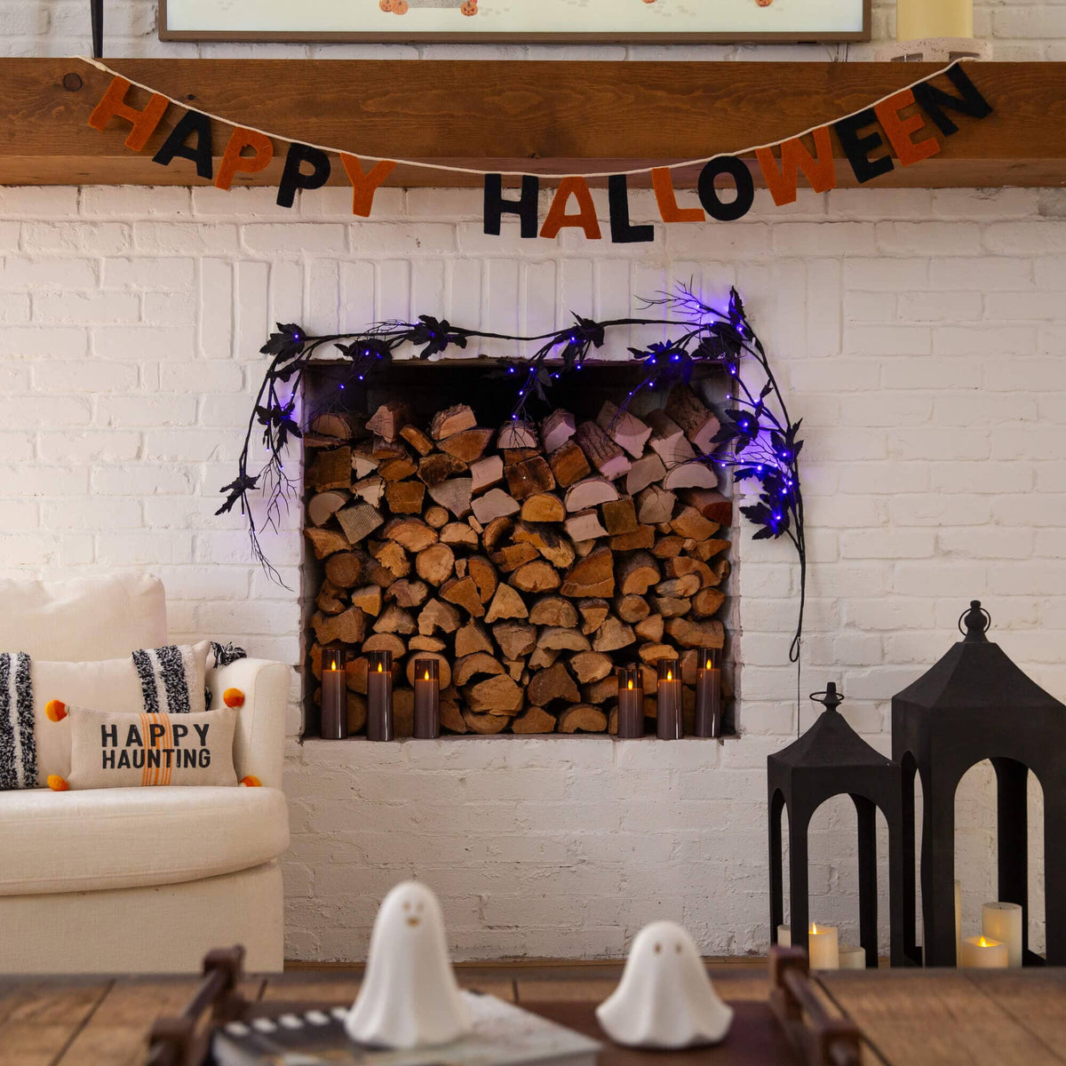 a fireplace with a wood pile in it