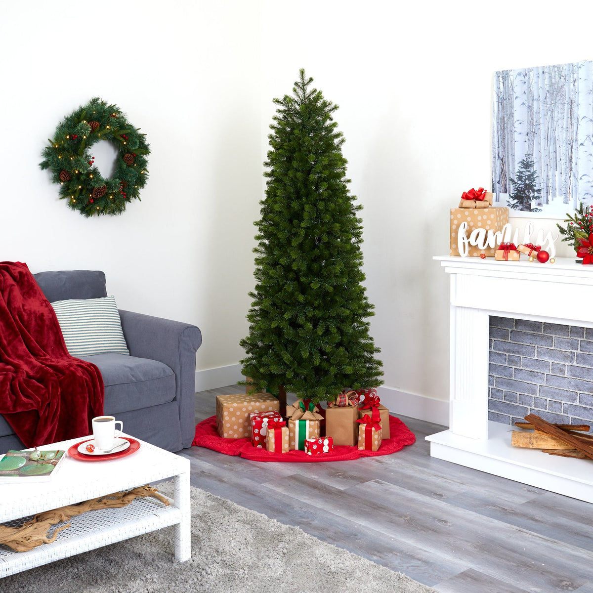 a christmas tree in a room