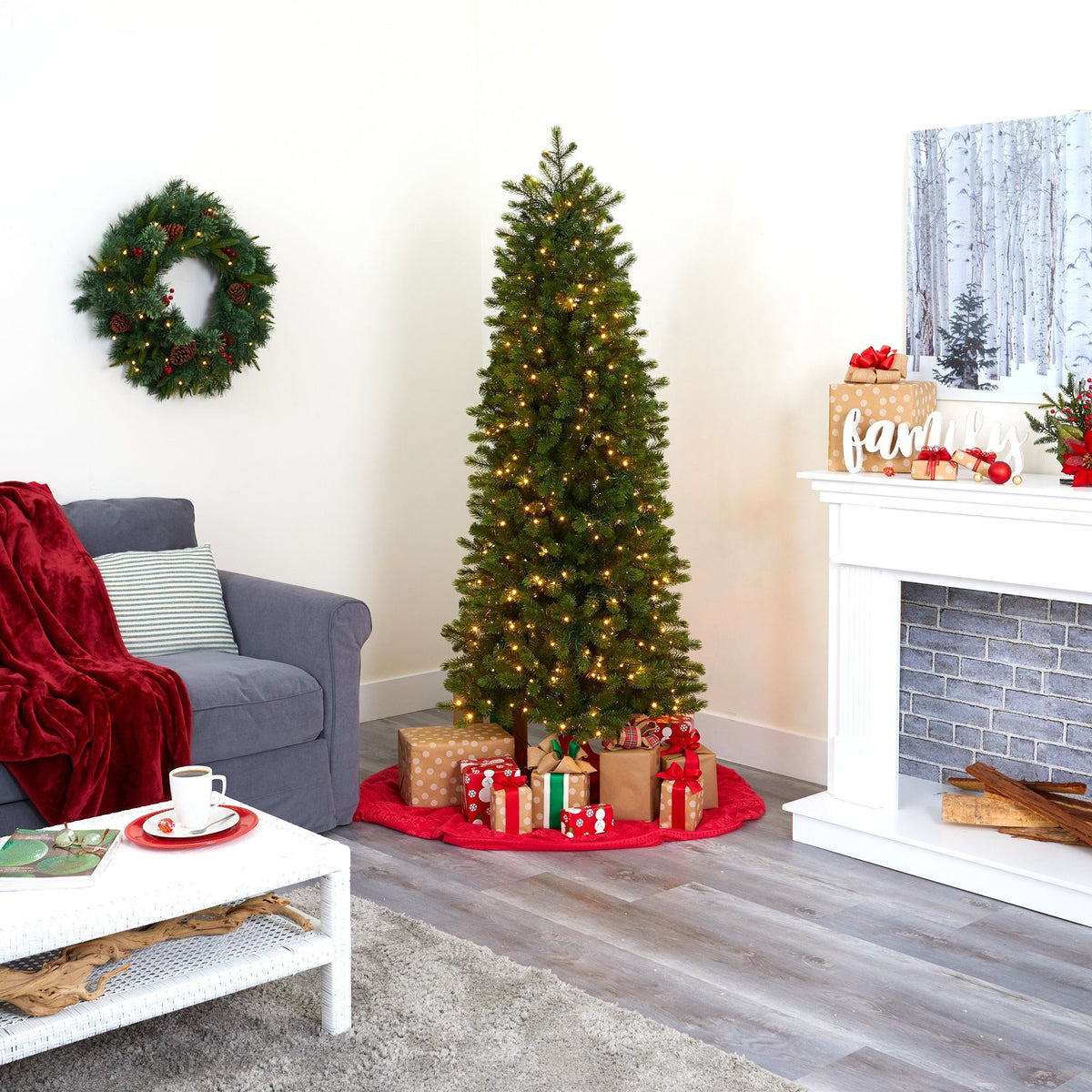 a christmas tree in a room