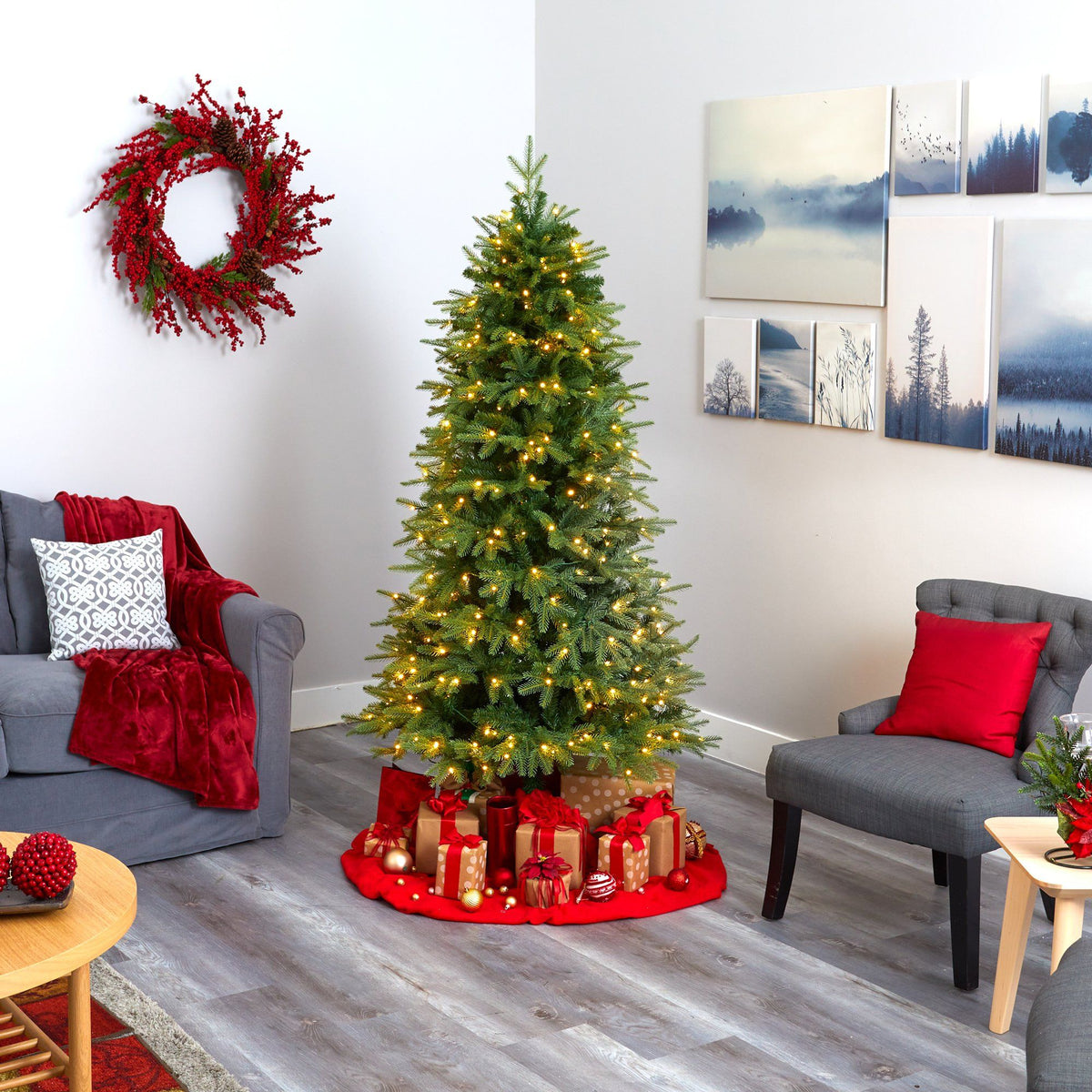 a christmas tree in a room