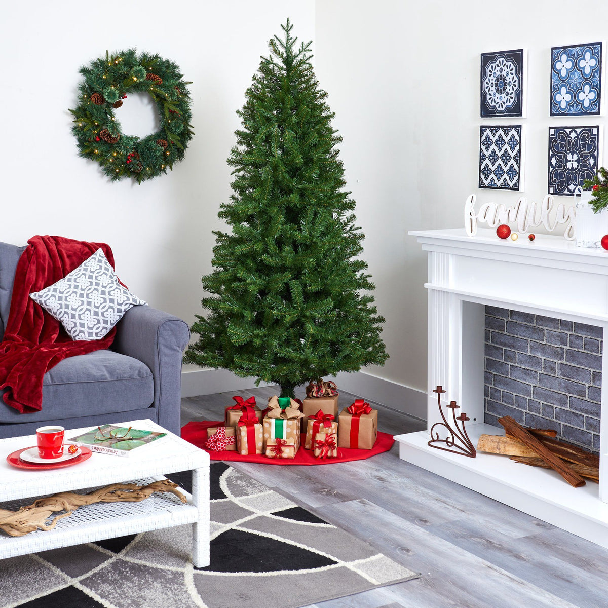 a christmas tree in a room