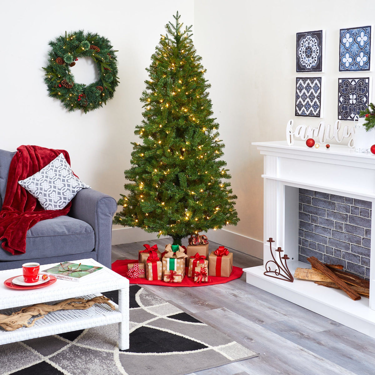 a christmas tree in a room
