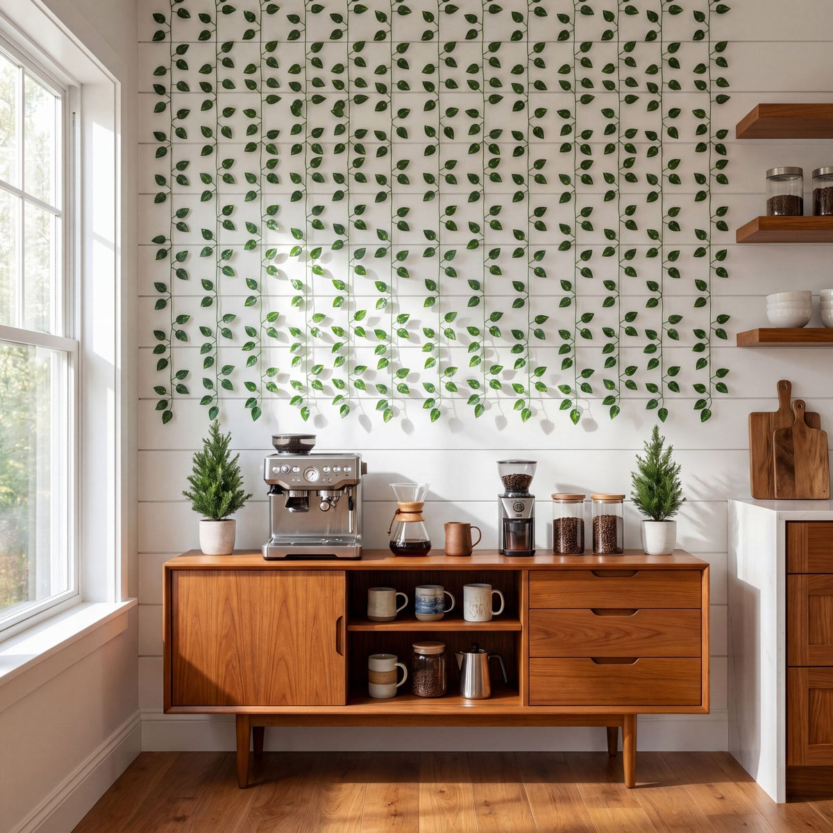 a kitchen with a counter top and shelves