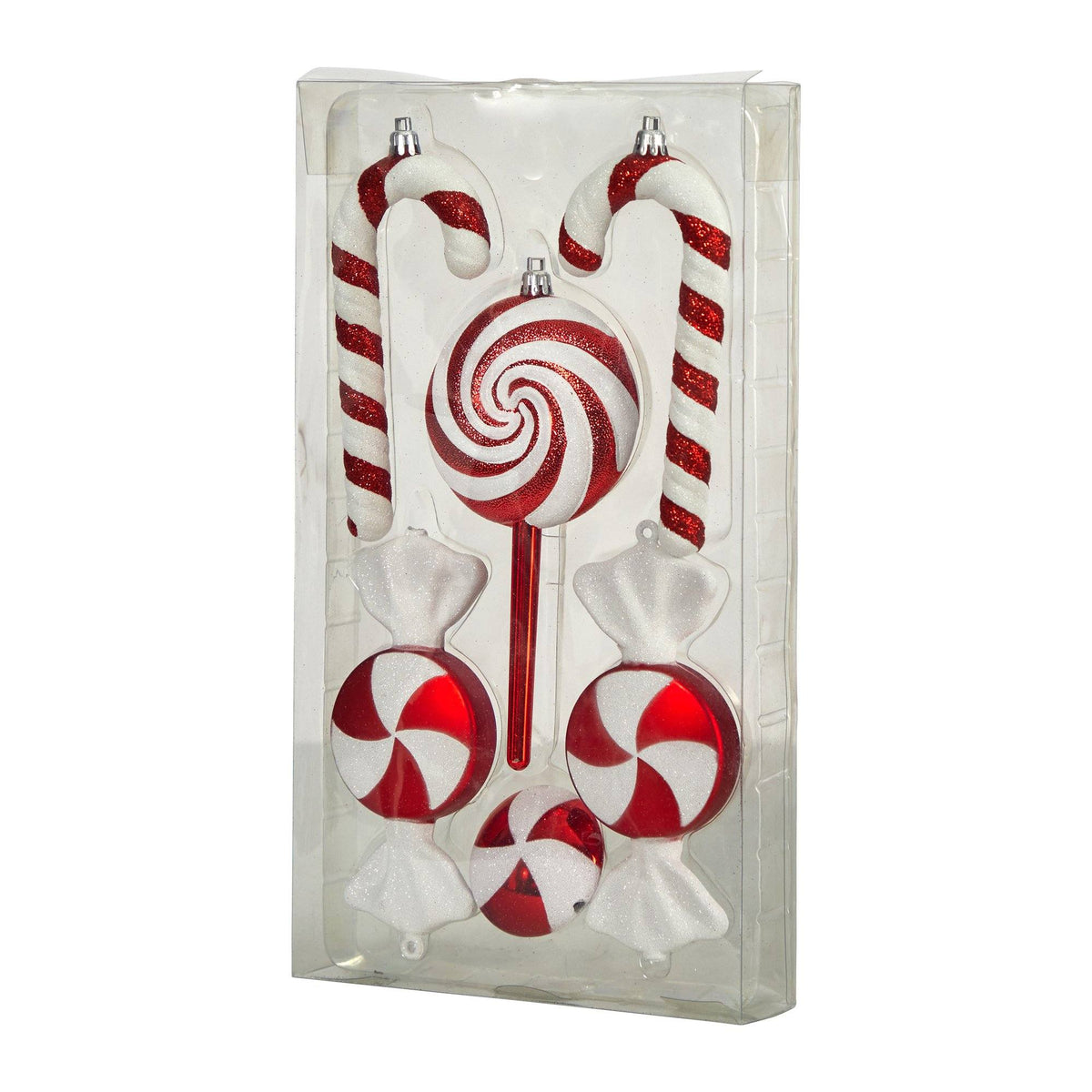 a set of candy canes and ornaments