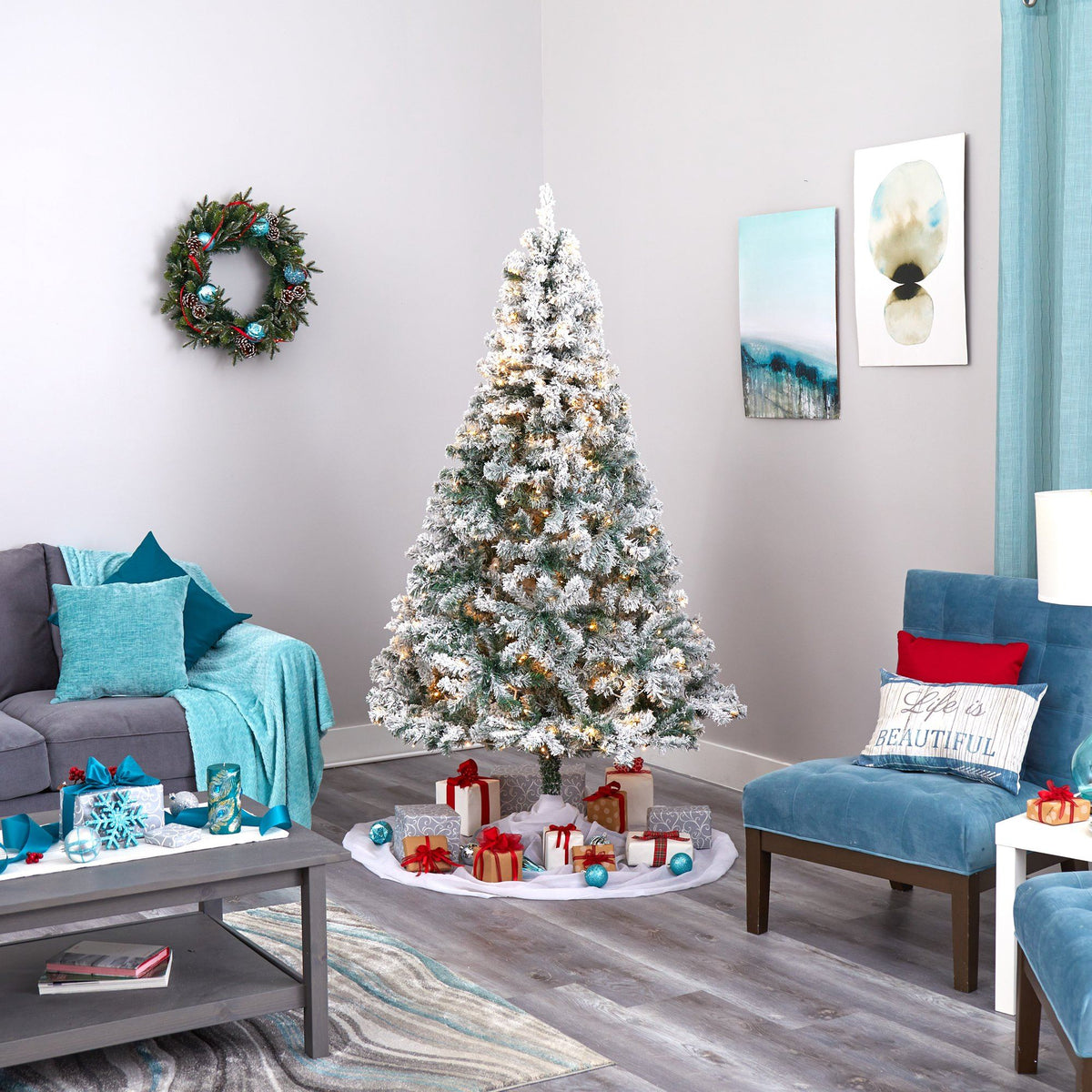 a christmas tree in a room