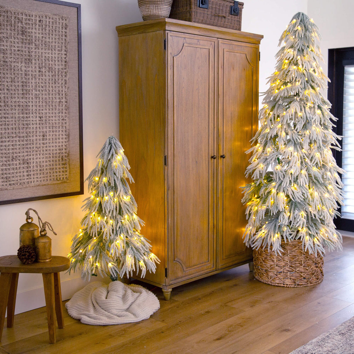 a tree next to a cabinet