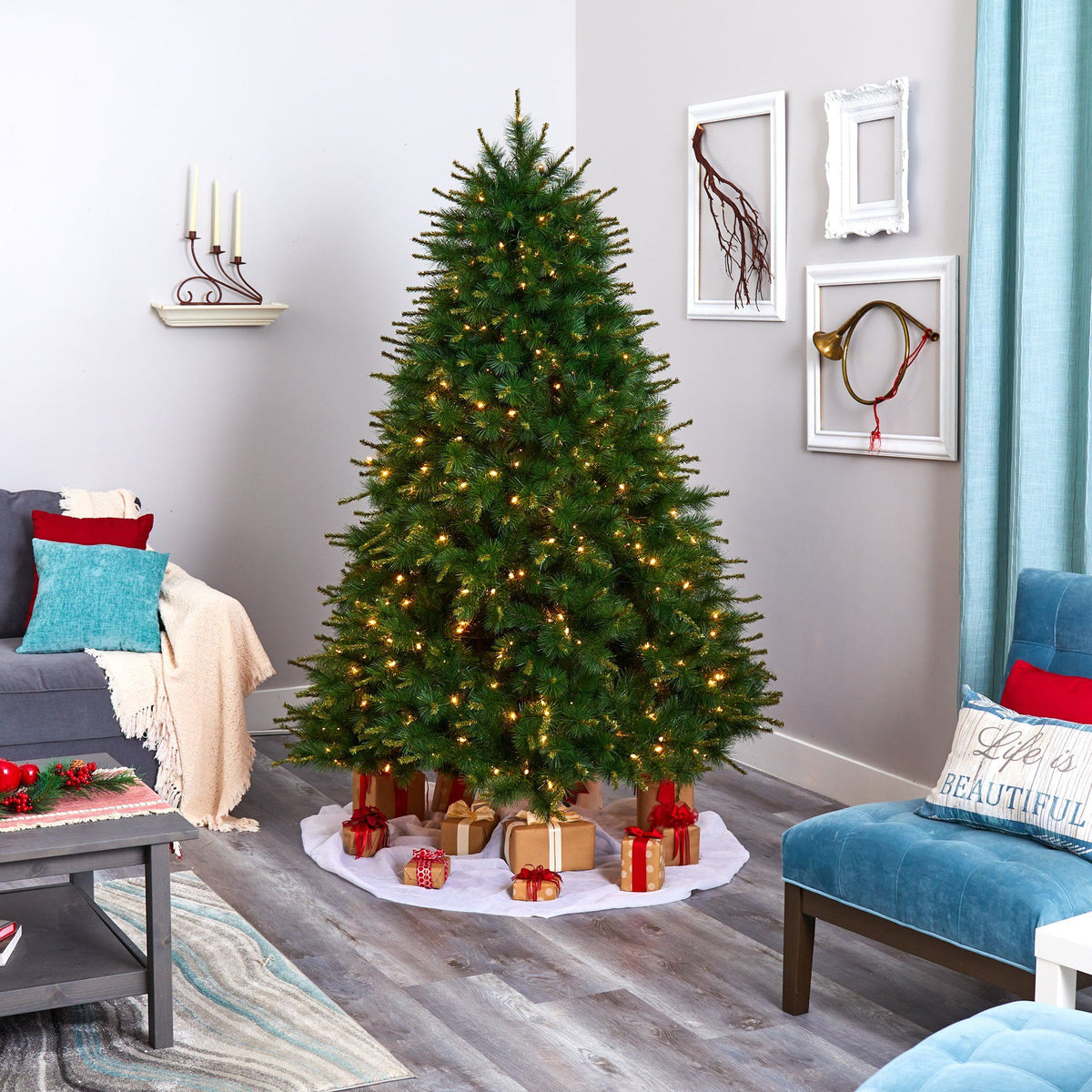 7’ New England Pine Artificial Christmas Tree with 400 Clear Lights and 1044 Bendable Branches