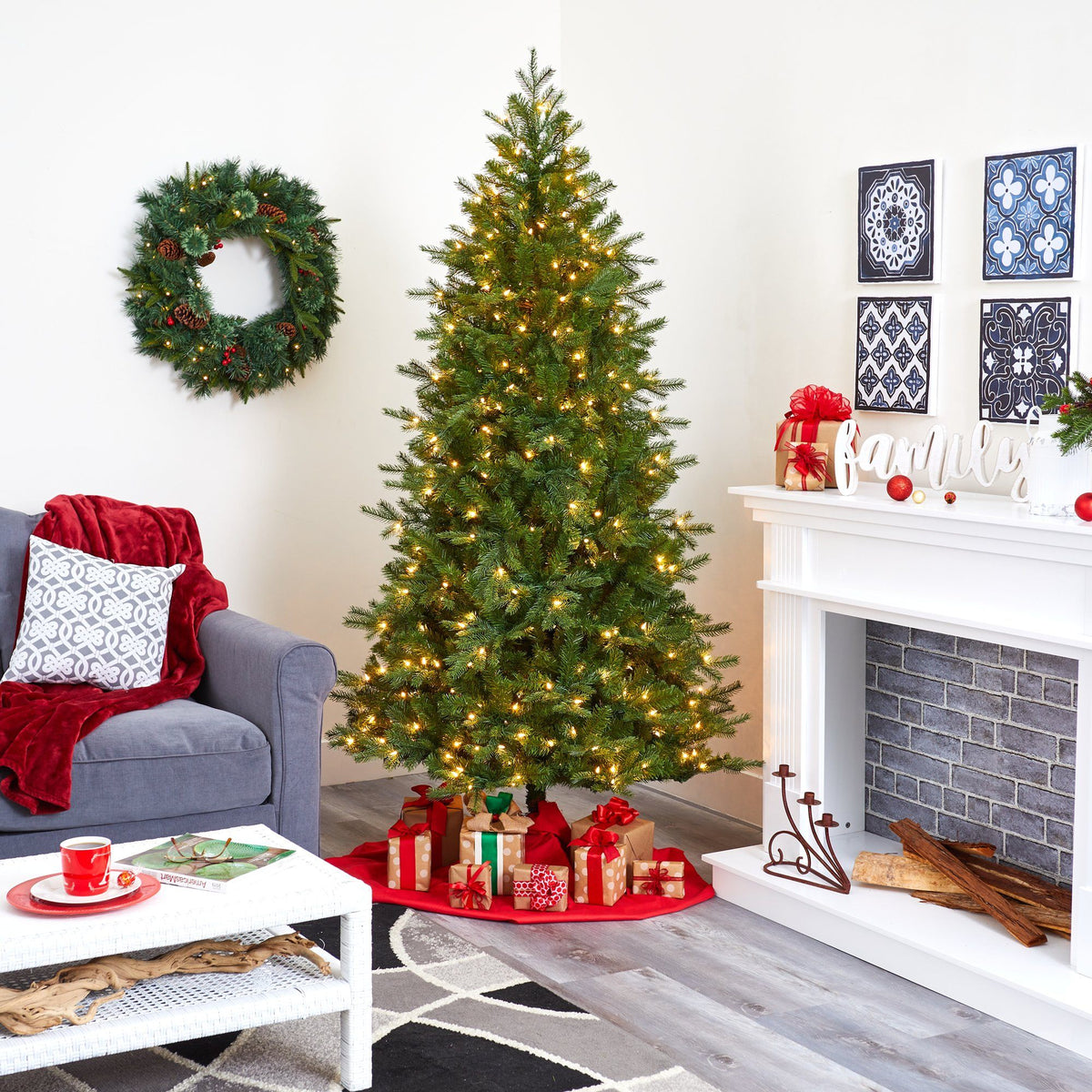 a christmas tree in a room