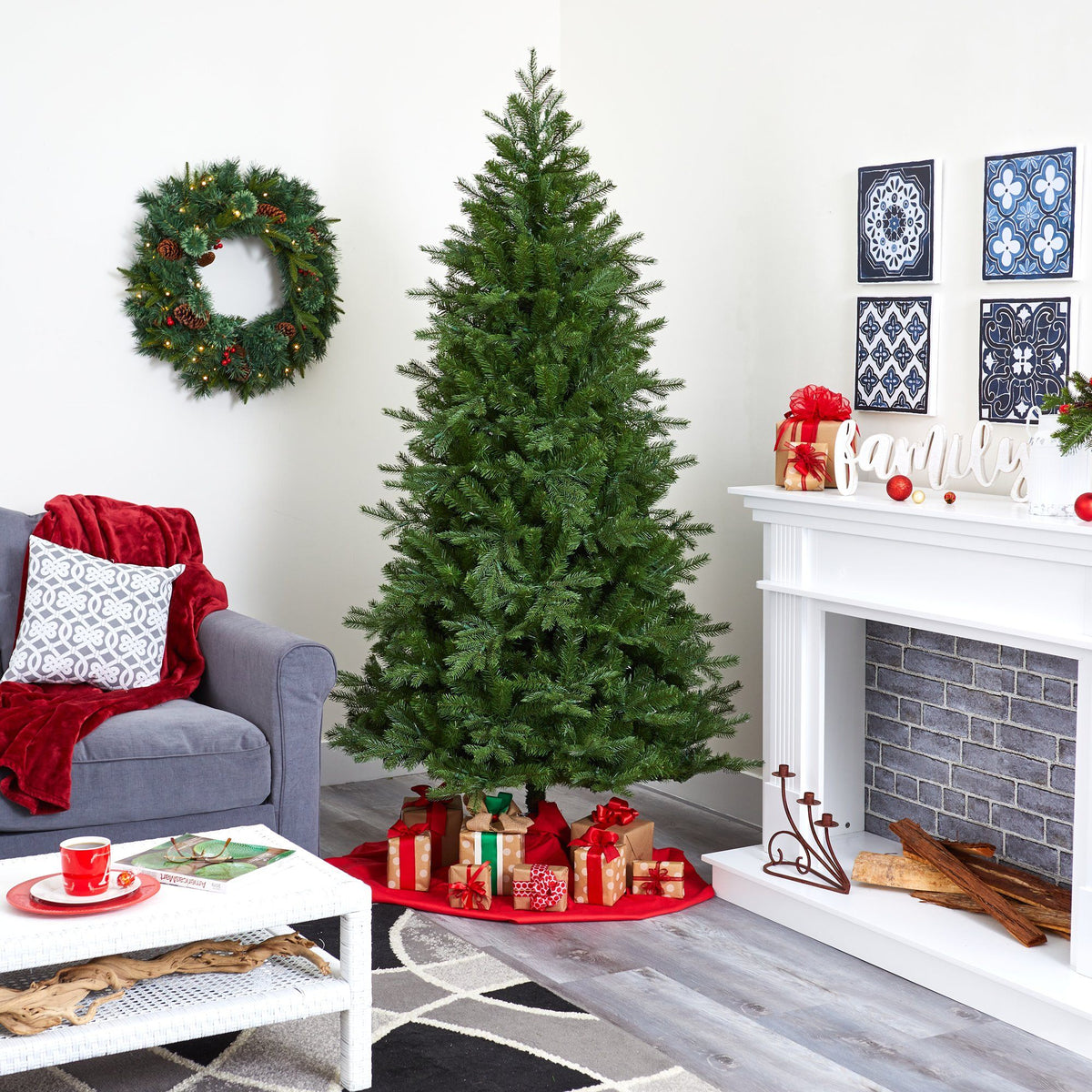 a christmas tree in a room