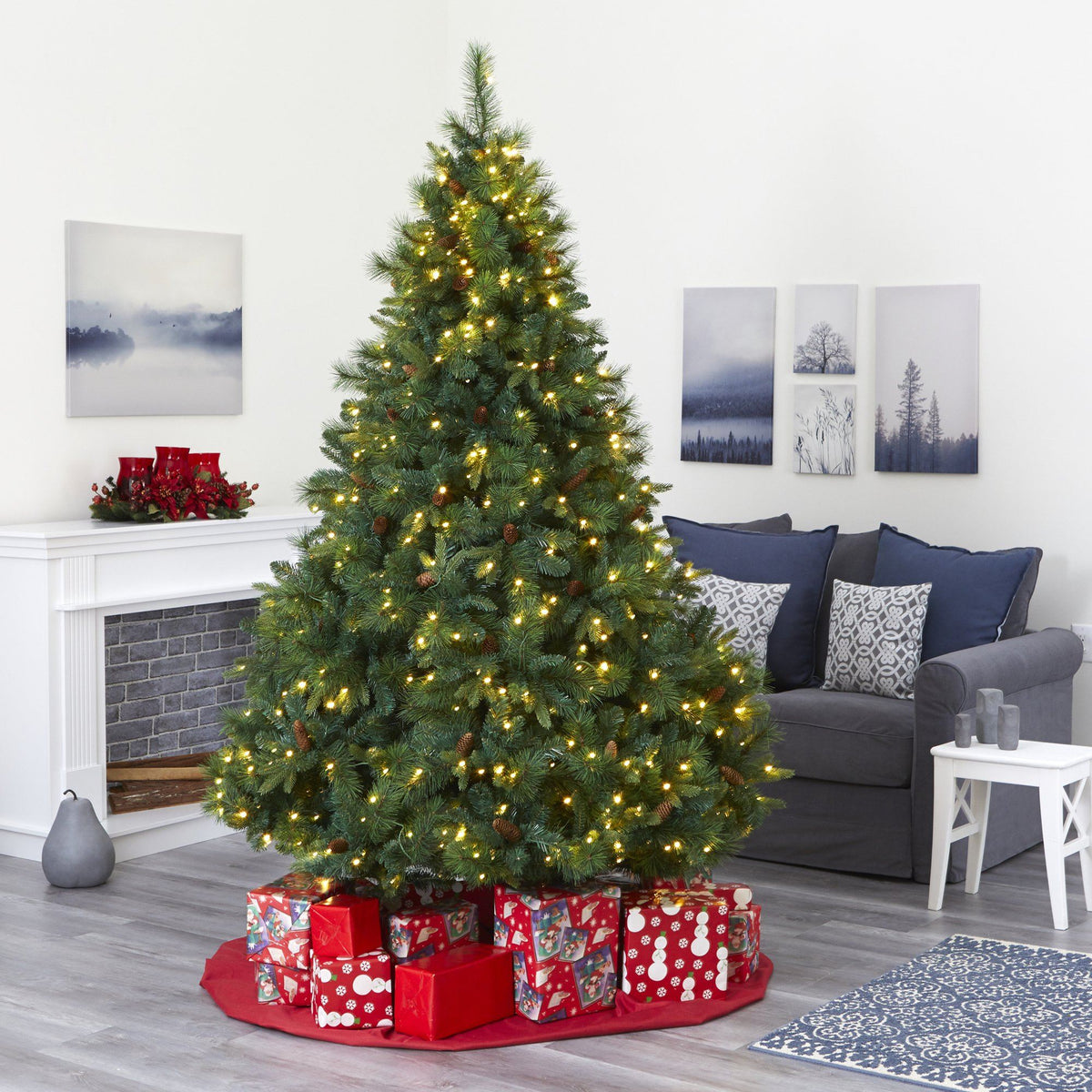 a christmas tree with presents in a room
