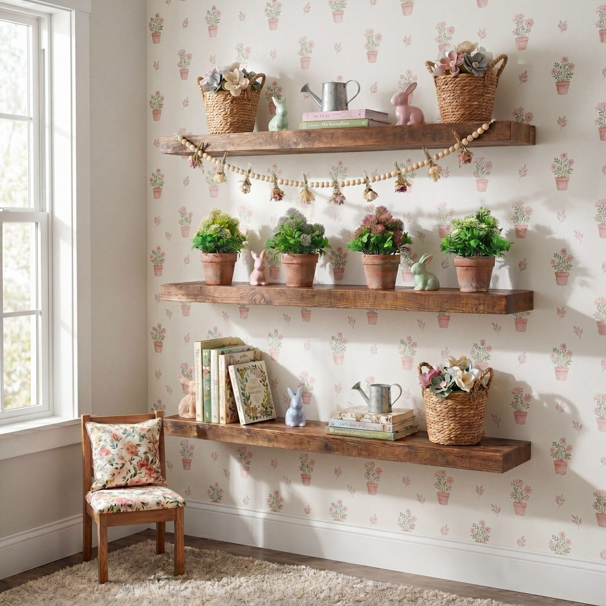 shelves with plants and toys on it
