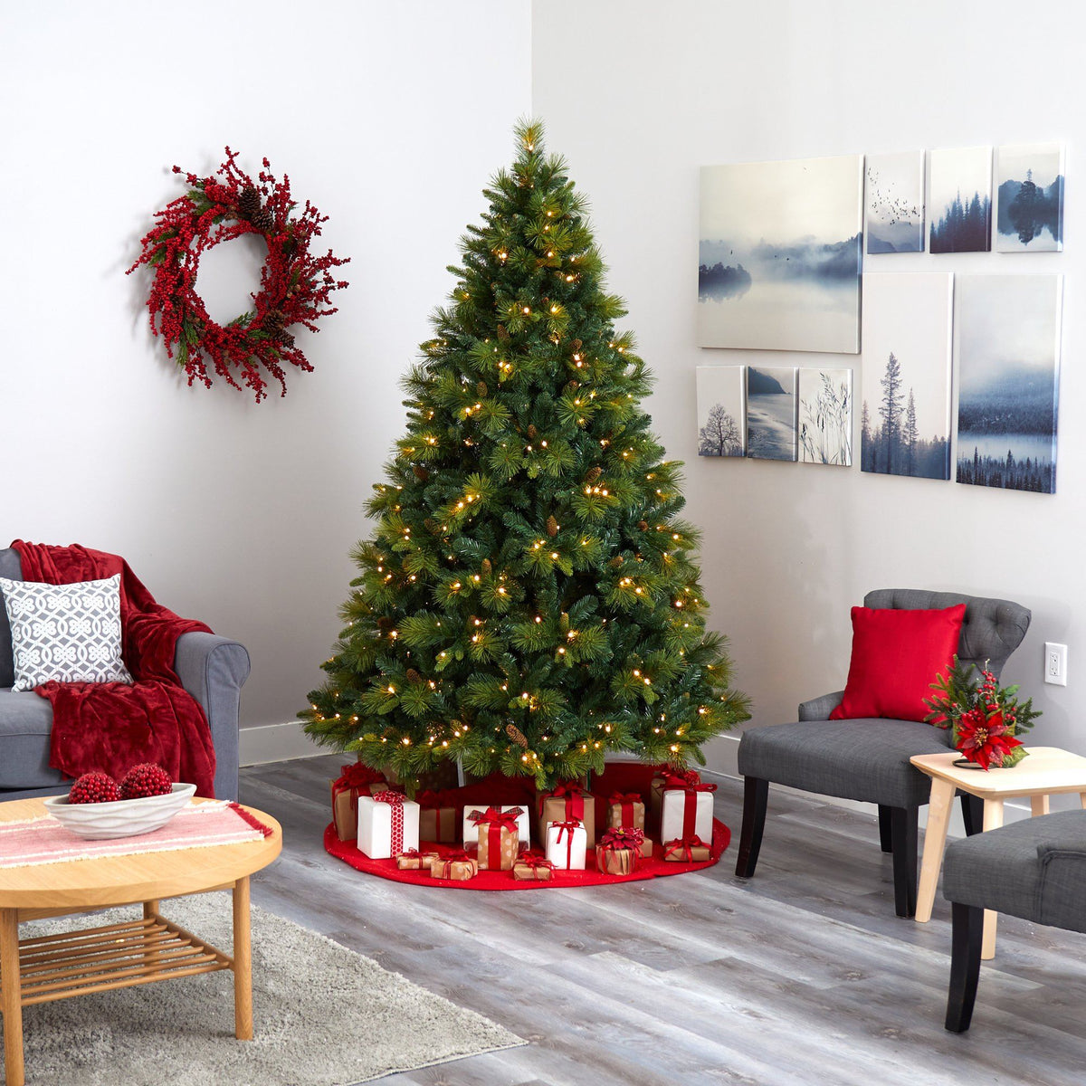 a christmas tree in a room