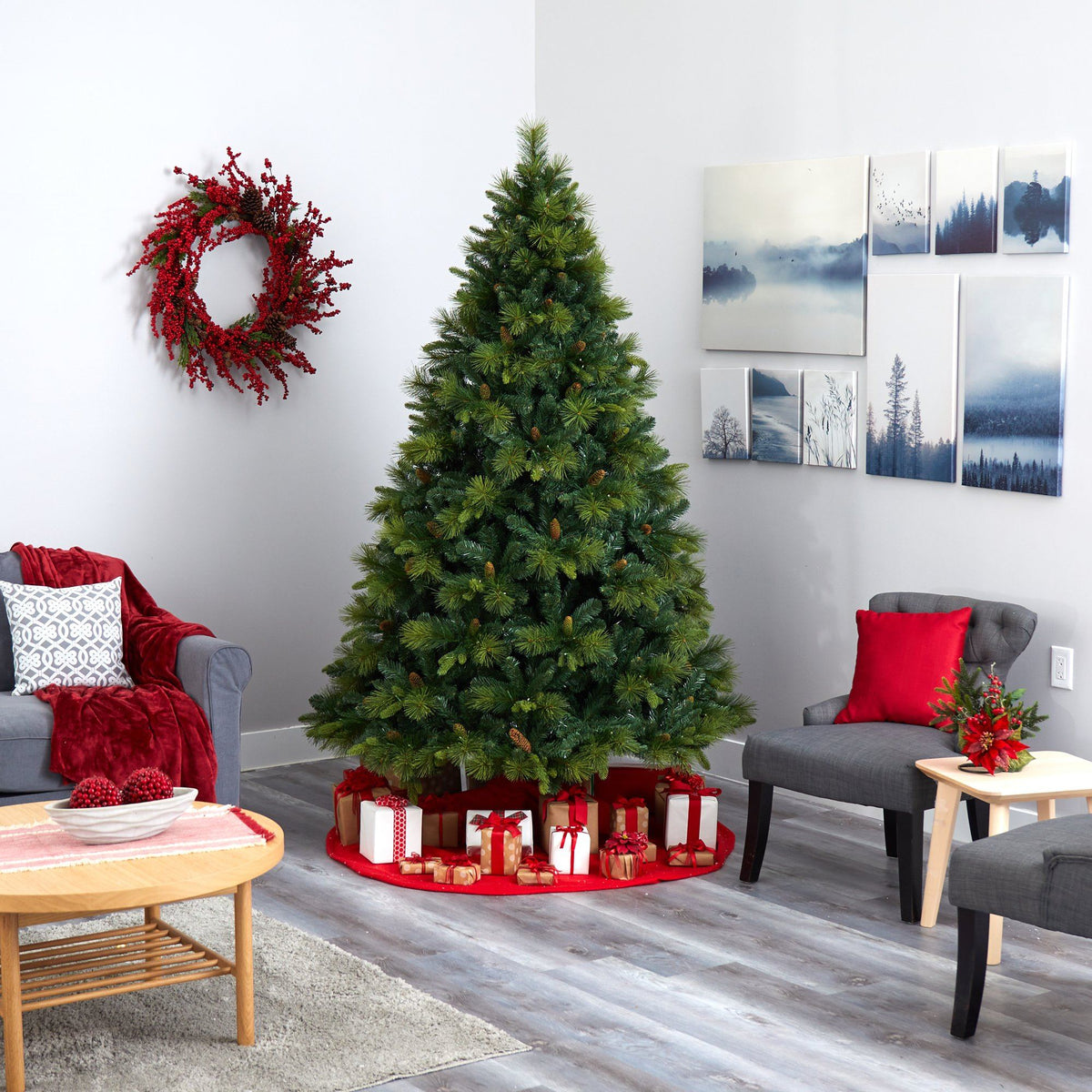 a christmas tree in a room
