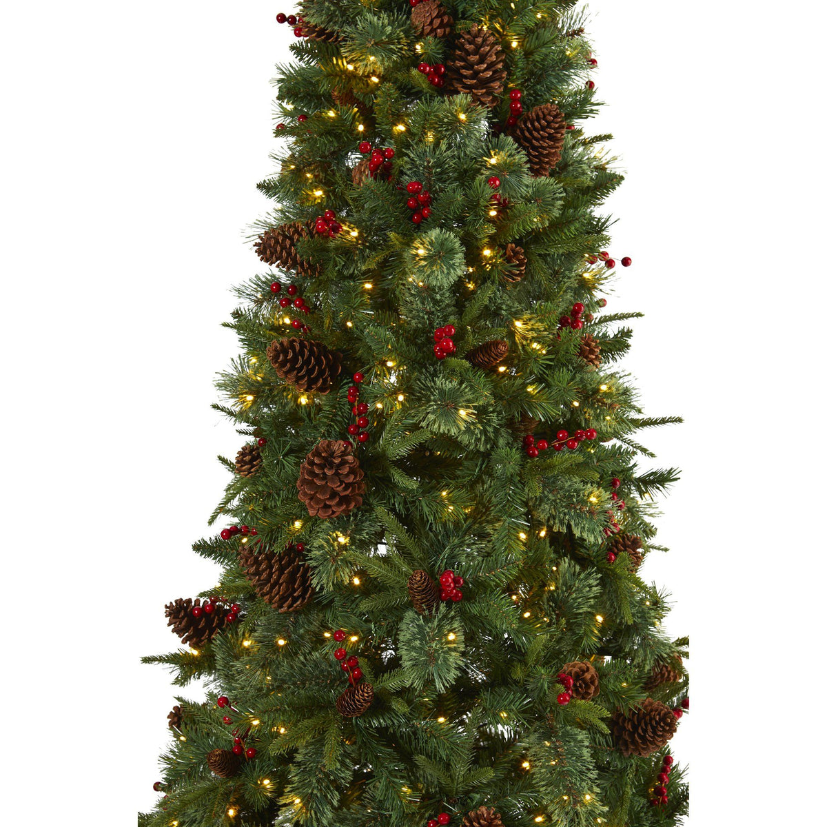 a christmas tree with lights and pine cones