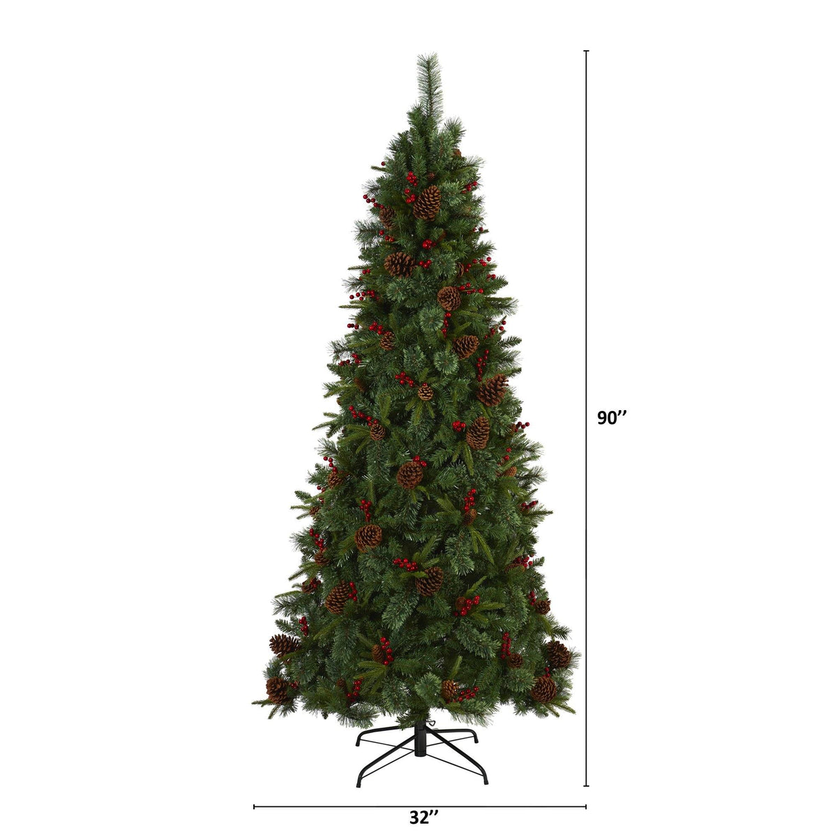 a tall christmas tree with red ornaments