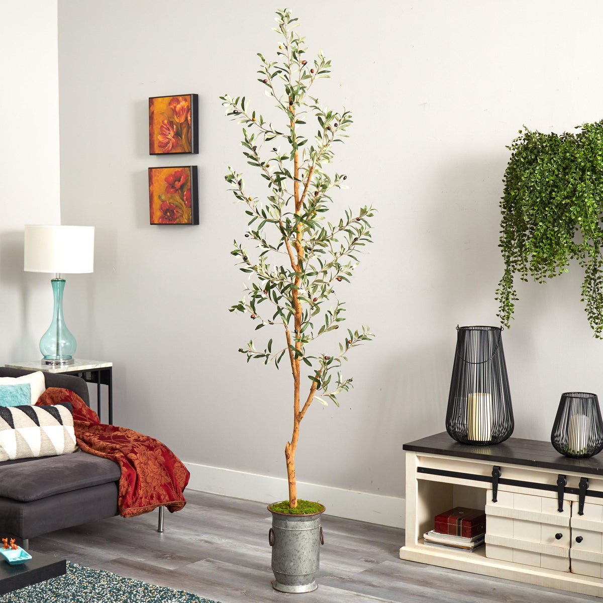 a living room with a tree in it