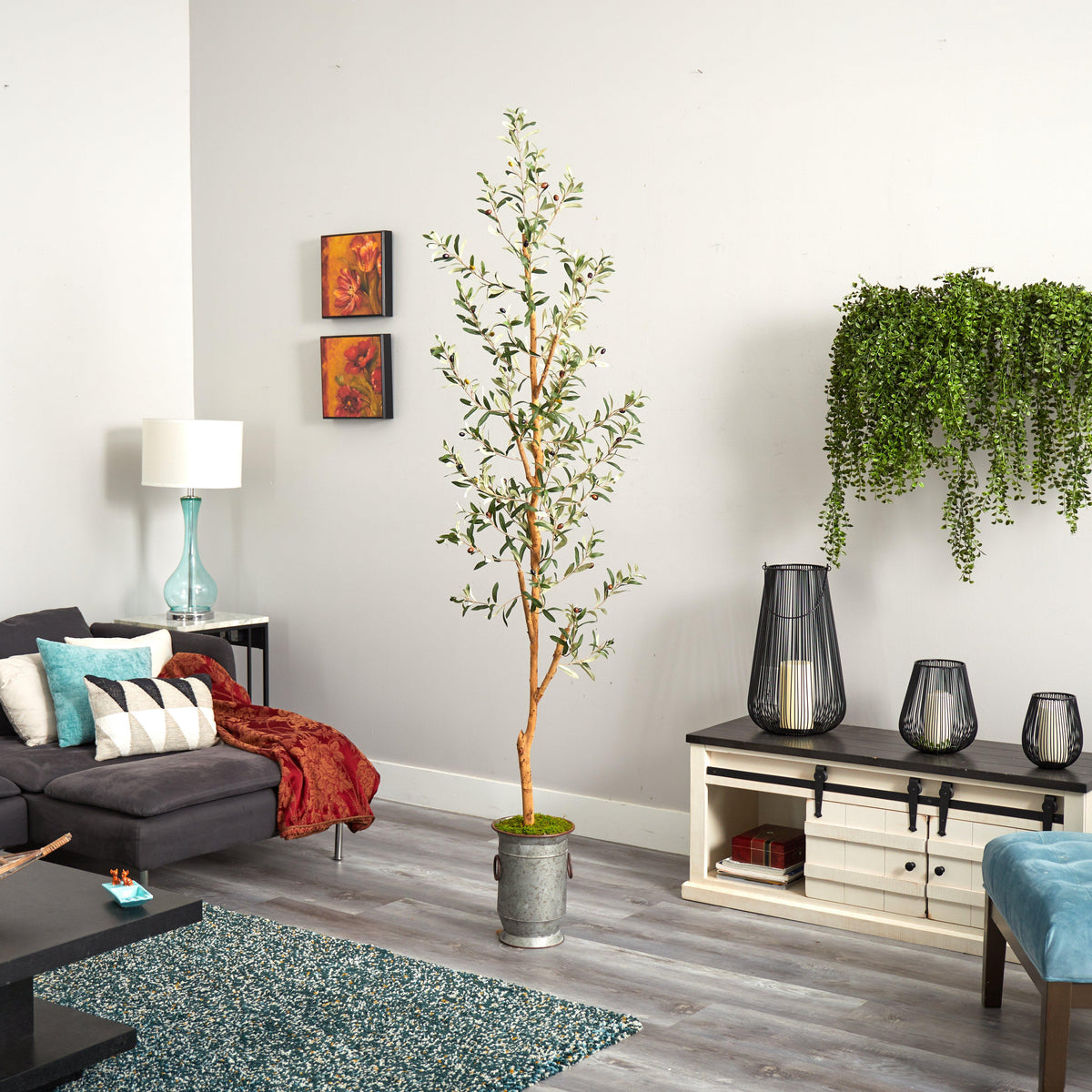 a living room with a tree in it