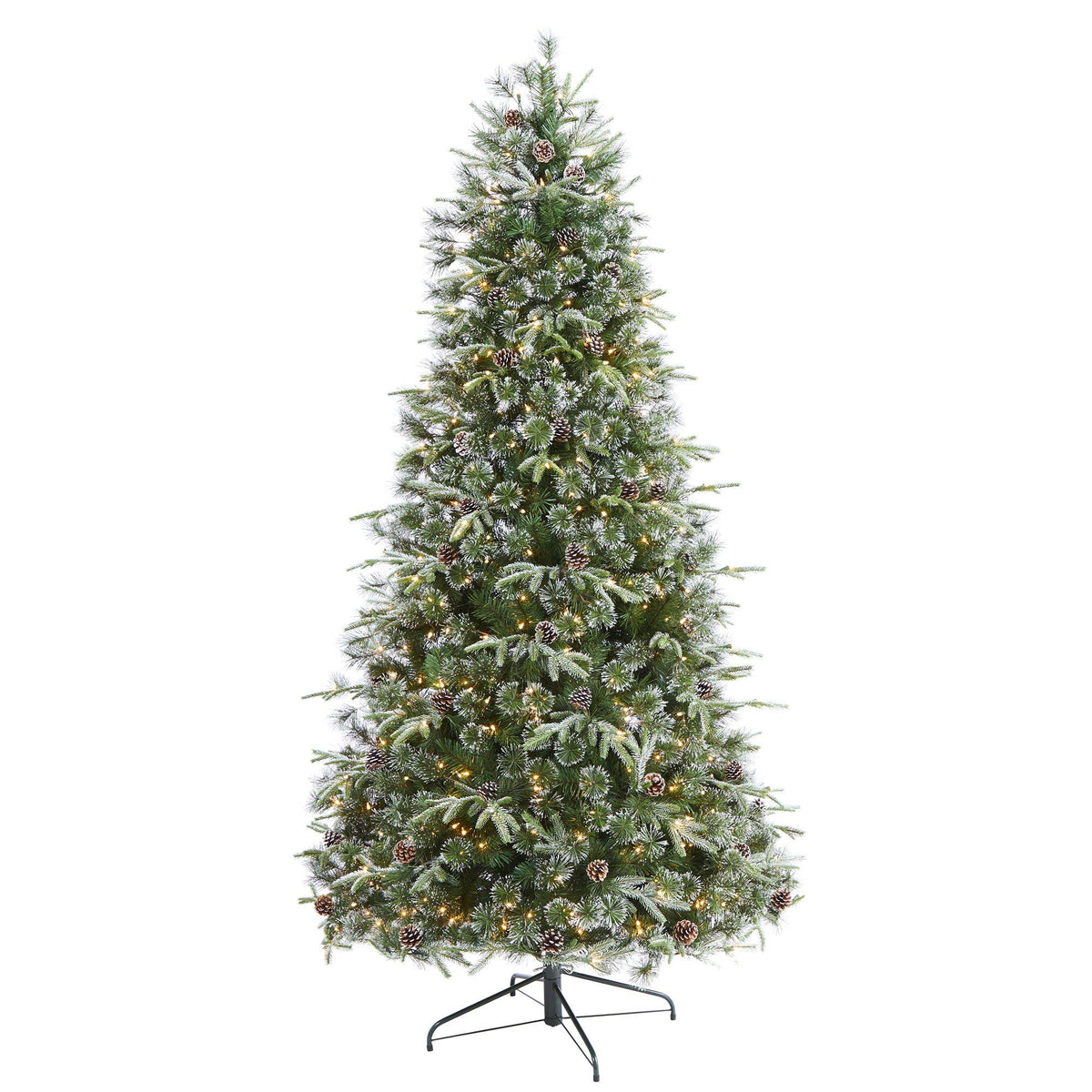 a christmas tree with lights and snow