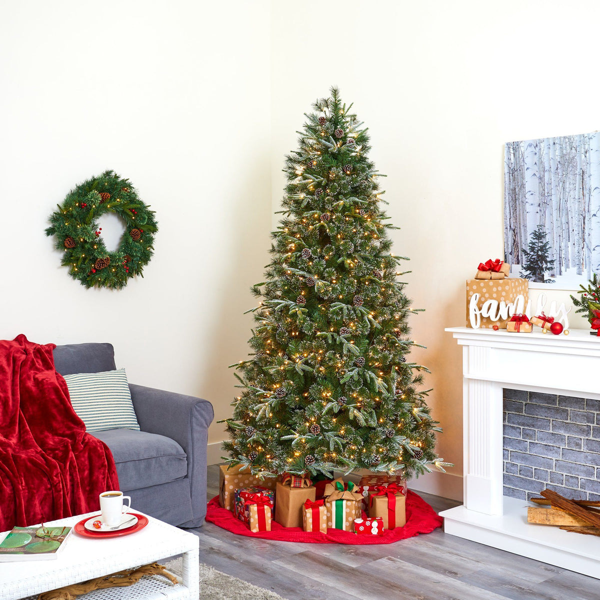 a christmas tree in a room