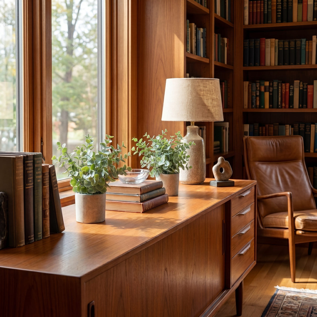 a room with a bookcase and a desk with books