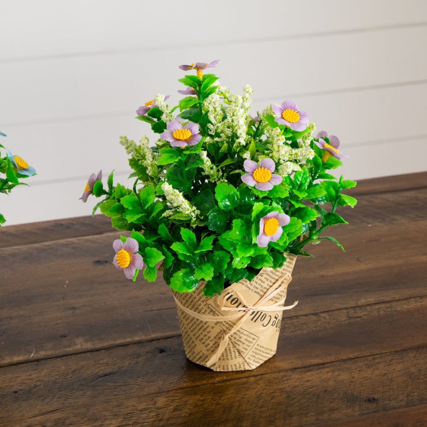 8" Artificial Daisy Plant in Newspaper Wrapped Planter -Set of 3
