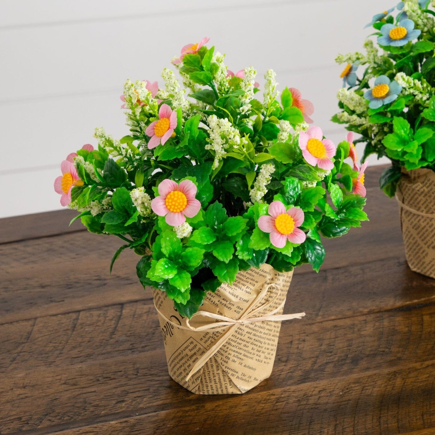8" Artificial Daisy Plant in Newspaper Wrapped Planter -Set of 3
