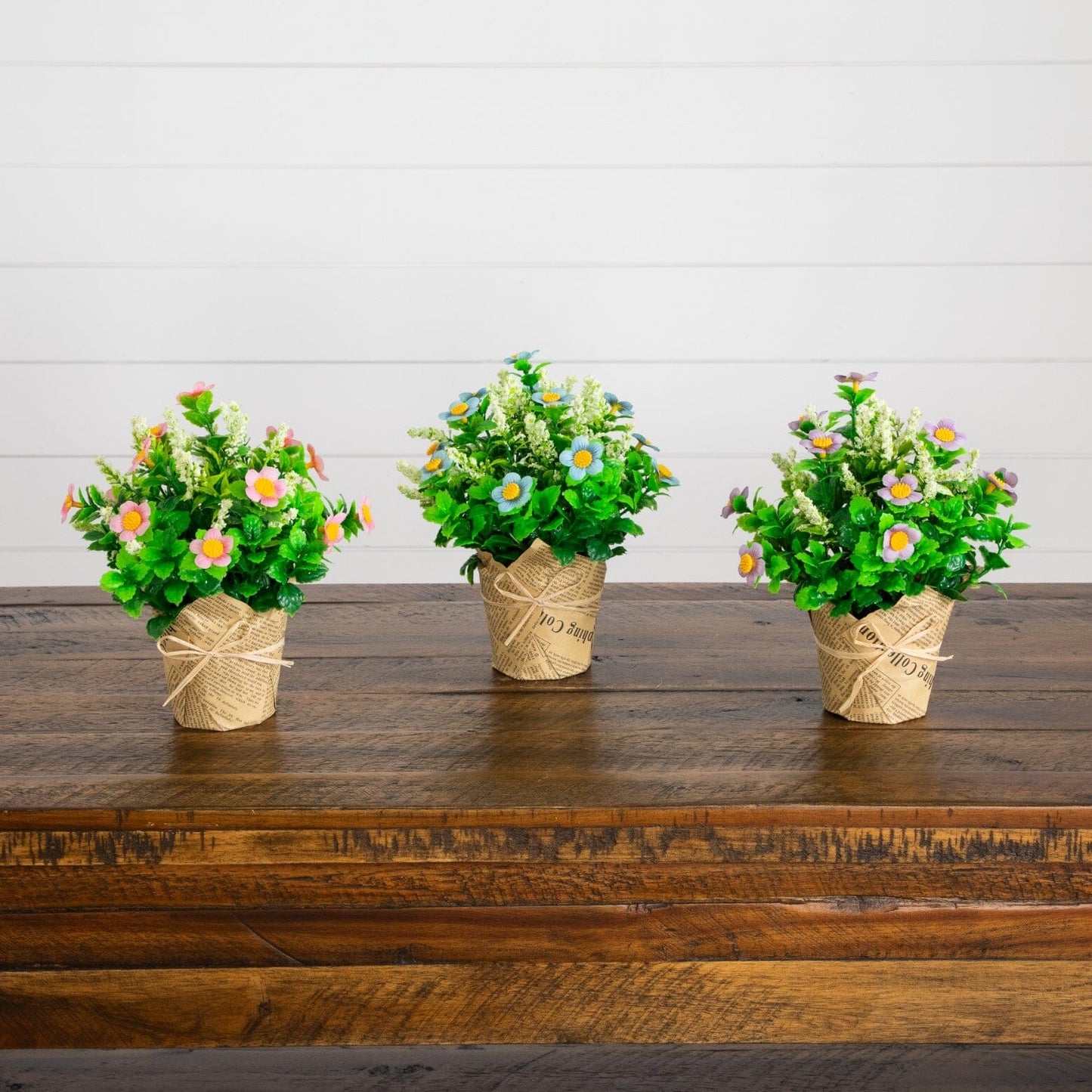 8" Artificial Daisy Plant in Newspaper Wrapped Planter -Set of 3