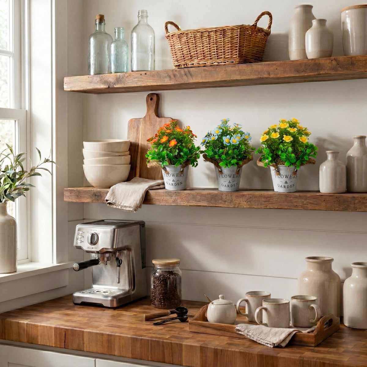 a shelf with plants and a coffee grinder