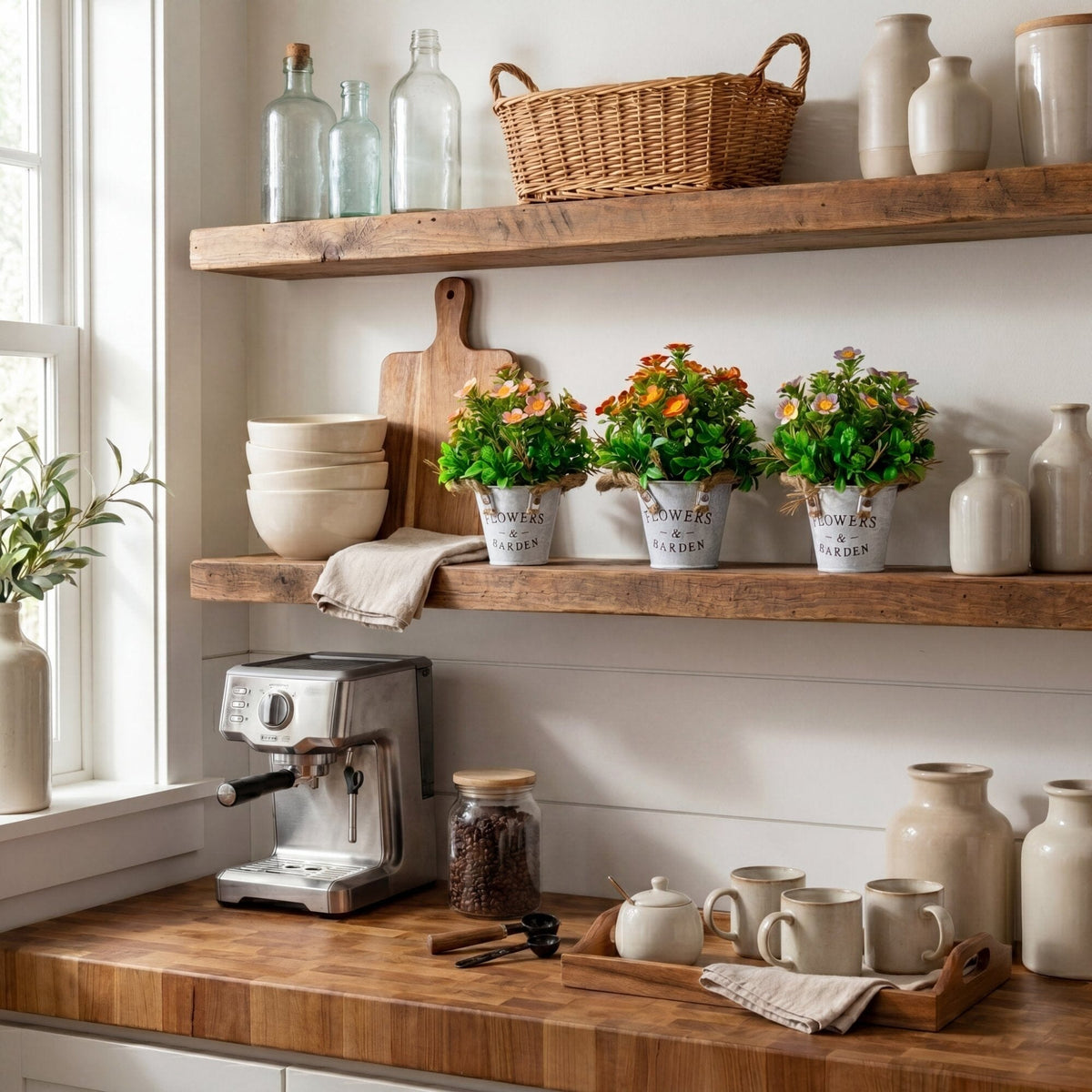 a kitchen with shelves and plants