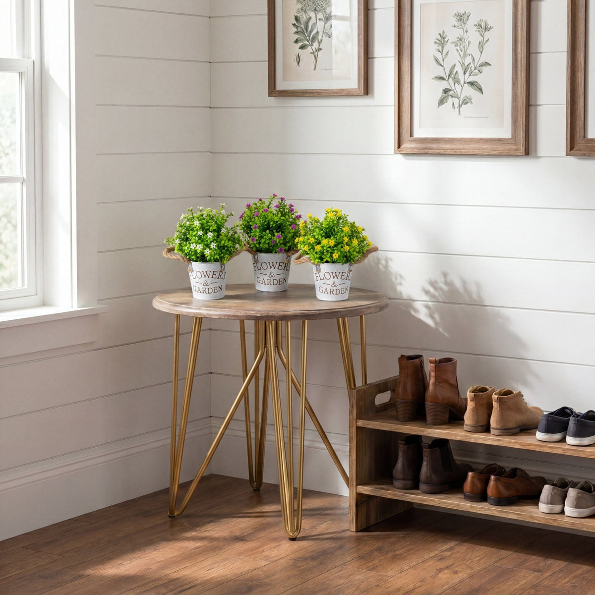 a small table with plants on it and shoes on shelves