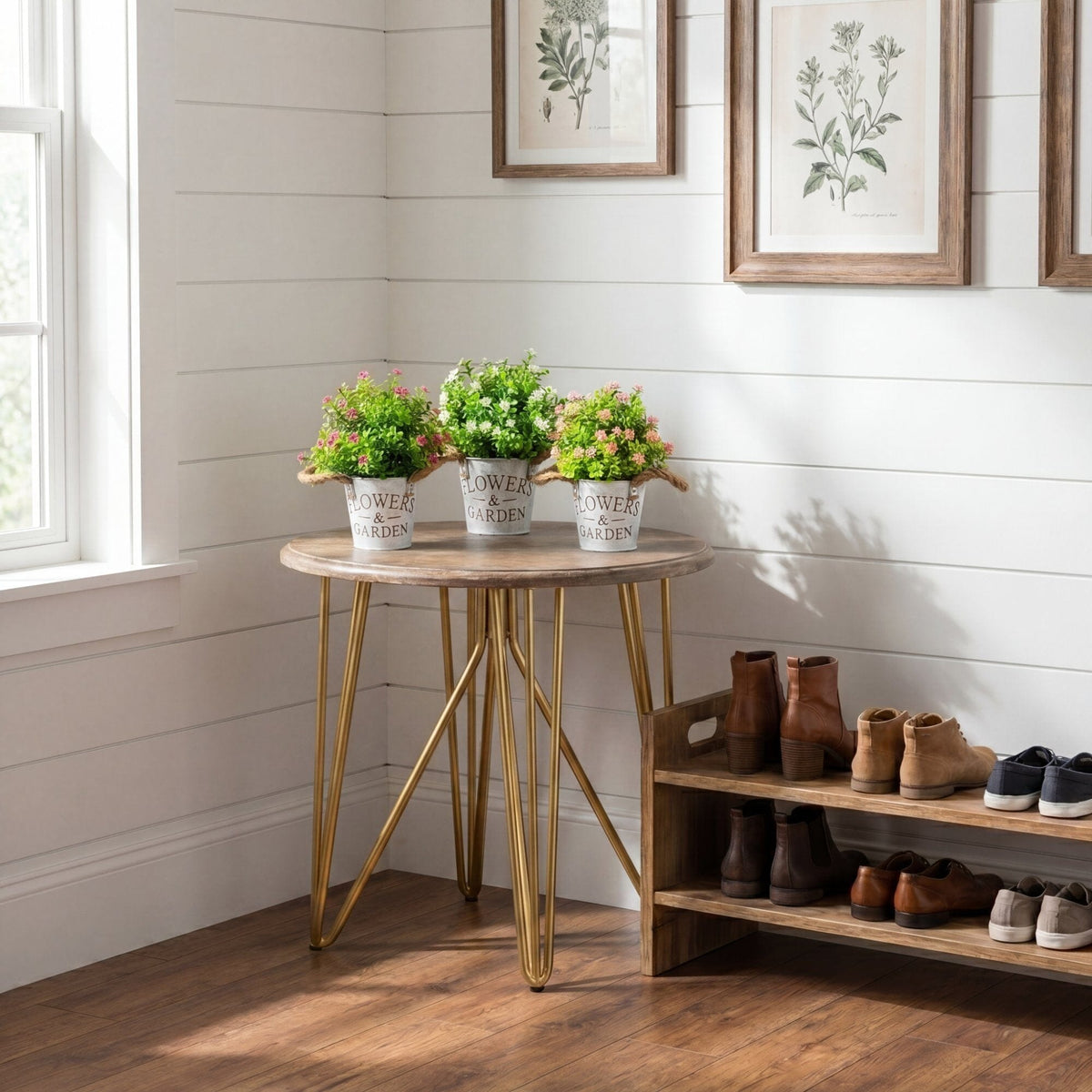 a small table with plants on it and shoes on the shelves