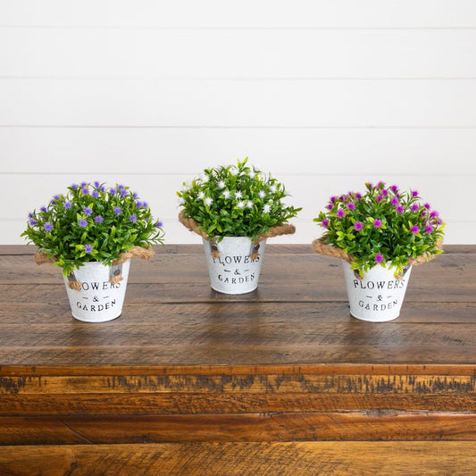 8” Artificial Flowering Plant in Rustic Flowers & Garden Planter -Set of 3