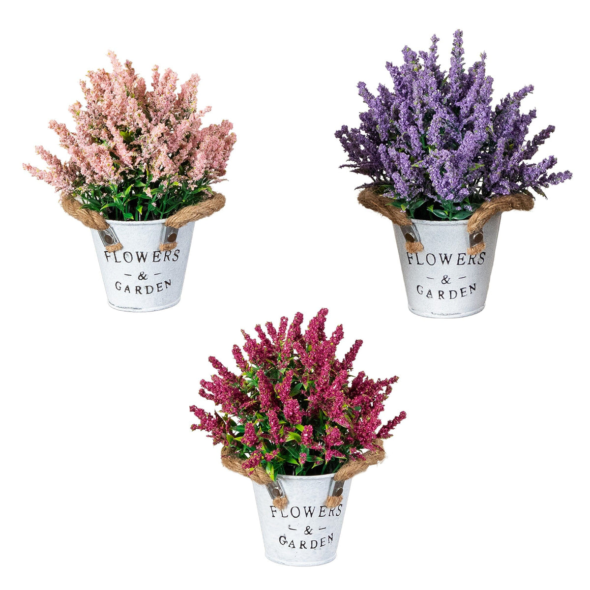 a group of flowers in buckets