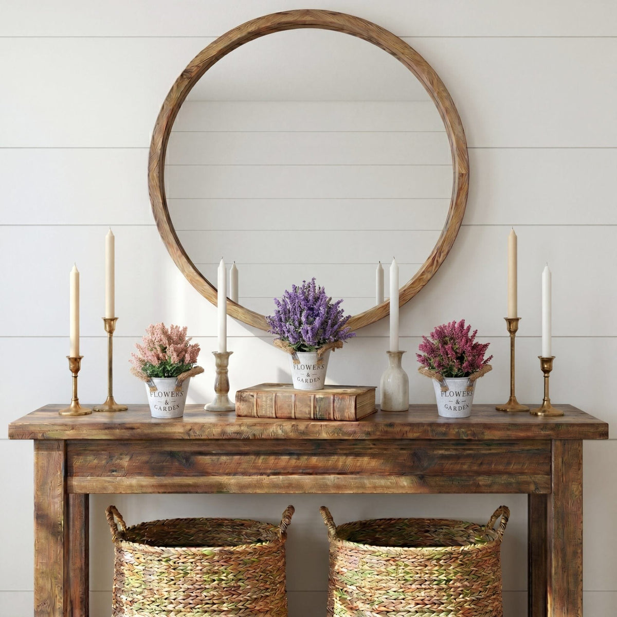a table with candles and flowers on it